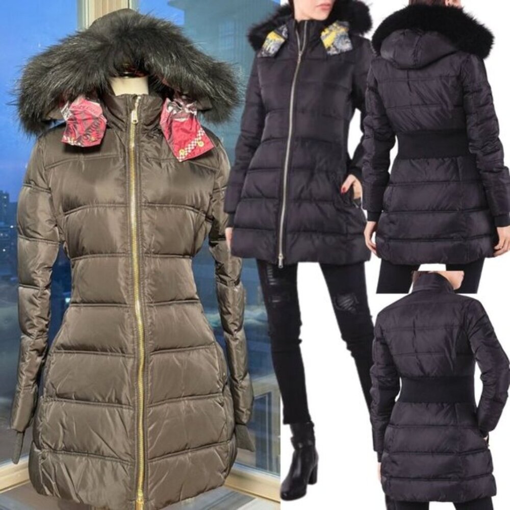 🆕 VERSACE JEANS 🧿 Black Down Filled Jacket, Fur & Scarf Print, Sz US 8